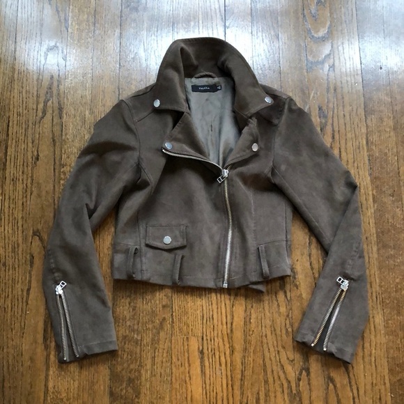 3/$10 Talula Tan Olive Stretch Suede Asymmetrical Cropped Biker Jacket - Picture 1 of 8